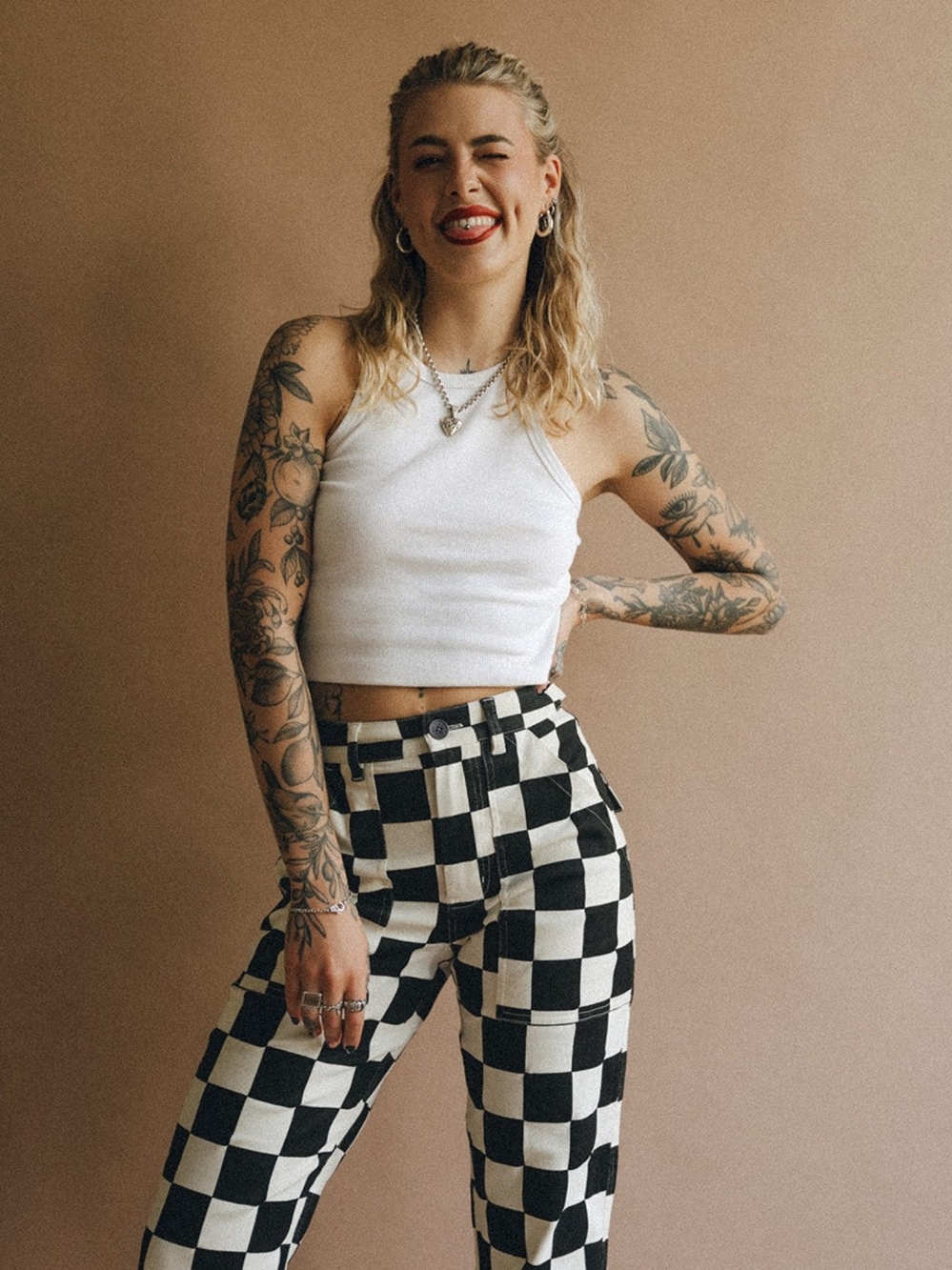 P&Co. Checkerboard High-Rise Pants - Black & White